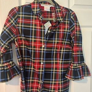 Gretchen Scott Designs Priss Blouse Duke of York Plaid Ruffle Sleeves Small
